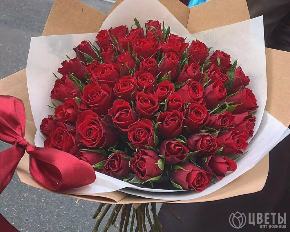 75 красных роз Кении 35-40 см в упаковке №1
