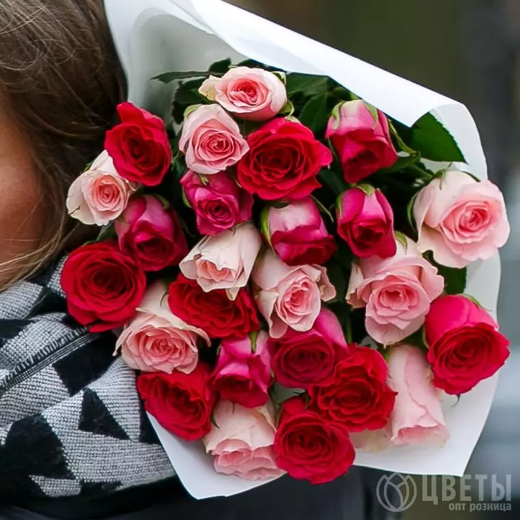 25 розовых роз Кения два цвета 35-40 см в упаковке №2