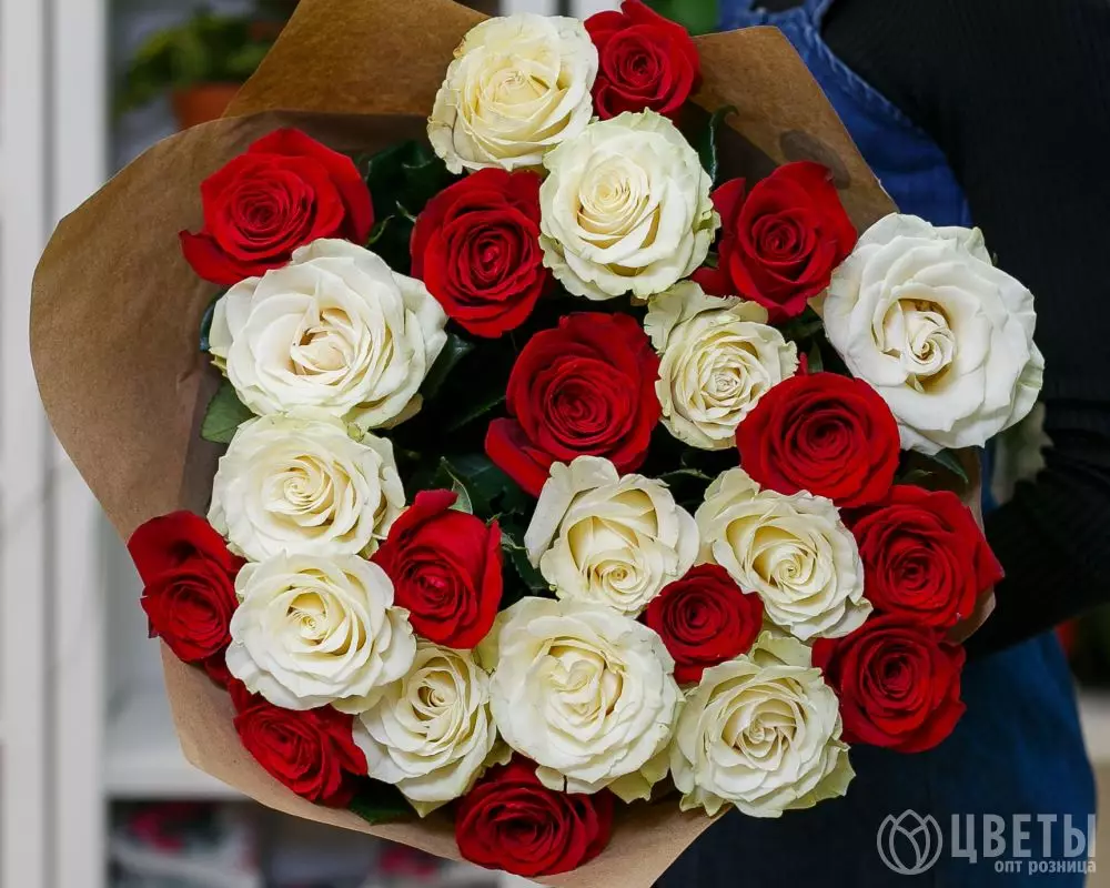 25 белых и красных роз 70 см в упаковке №2